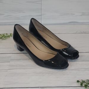 Ellen Tracy Abby Black Patent Leather Peep Toe Pumps Womens Size 7.5M